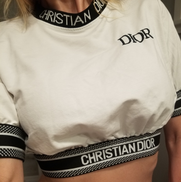 Christian Dior Cropped top White Blue Logo on Neck and at Bottom of shirt - Picture 13 of 14